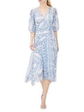Calvin Klein Blue and White Paisley Wrap Midi Dress Size 16